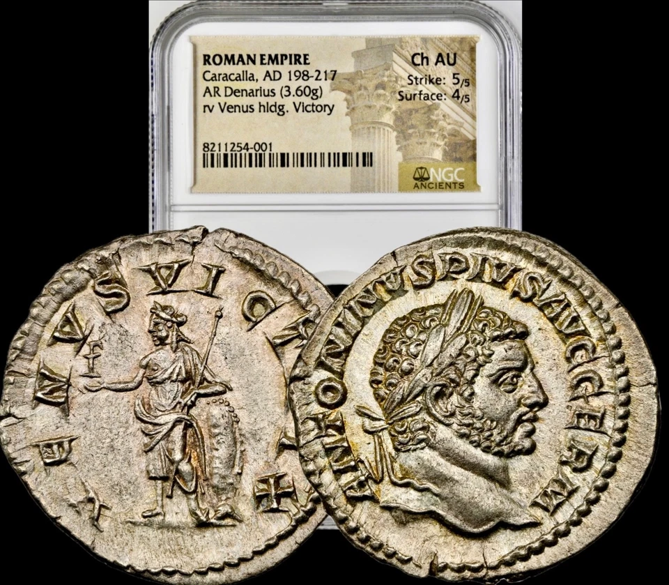 Antigua Caracalla de Plata Romana 198-217 dC Roma AR Denario NGC Elección AU Foto 1 de 4
