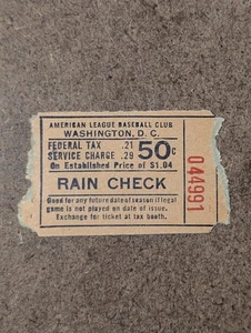 Biglietto American League Baseball Club anni 40 assegno pioggia Washington senatori - Foto 1 di 6