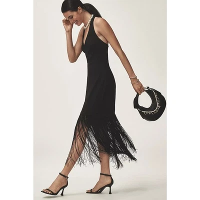 Anthropologie HUTCH Plunge Halter Fringe Knit Midi Dress in Black XL NWT $248 - Image 1 of 4