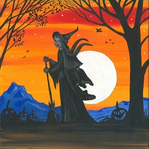 18x18 Impresión de Pintura Ryta ARTE Halloween Temporada de la Bruja Otoño Gato Salem - Imagen 1 de 1