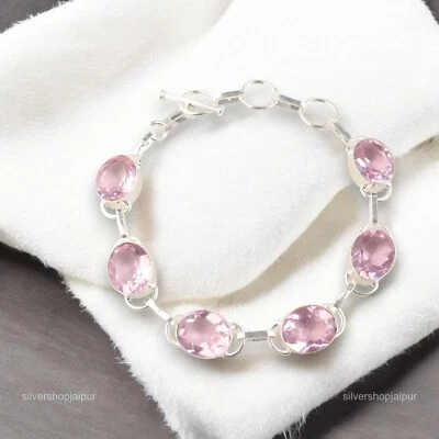 Pulsera de cadena de día de morganita ovalada para mujer joyería de plata de ley 925 Foto 1 de 4