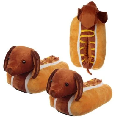 HOT DOG DACHSHUND NOVELTY ONE SIZE PLUSH SLIPPERS NEW WITH TAGS PUK - Image 1 of 4