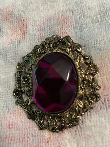 Broche Vintage MASIVO Magenta Profundo Dorado Negro Acabado Antiguo Vidrio Facetado - Imagen 1 de 9