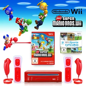 Nintendo Wii Konsole rot + Remote & Nunchuk - New Super Mario Bros. * Wii Sports - Bild 1 von 12