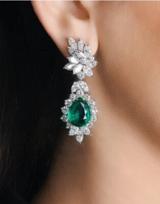 22.45 TCW Simulated Pear Emerald & Multi Cut Sapphire Dangle Wedding Earrings - Image 1 of 4