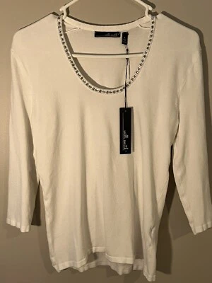 Women’s Willi Smith White Swoop Neck 3/4 Sleeve Sweater Size Large L - Image 1 of 4