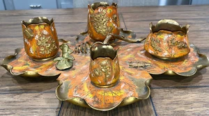 Antique Vanity Set Cold Painted Art Nouveau Dresser SET Brass Circa 1890’s - Picture 1 of 11