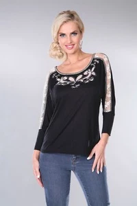 Women's Top T-Shirt Black Cream Krista Lee Labyrinth Embellished Beaded Lace NEW - Picture 1 of 6