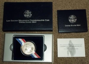 2000P LEIF ERICSON MILLENNIUM COMMEMORATIVE COIN SILVER DOLLAR, WITH COA - Picture 1 of 2