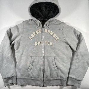 Vintage Abercrombie & Fitch Hoodie Mens Medium Gray Sherpa Lined Zip Jacket Y2K - Picture 1 of 16
