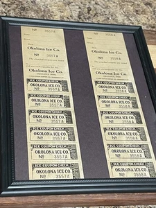 BIGLIETTI COUPON ICE COMPANY ICE COMPANY ICE vintage OKOLONA MISSISSIPPI incorniciati - Foto 1 di 4