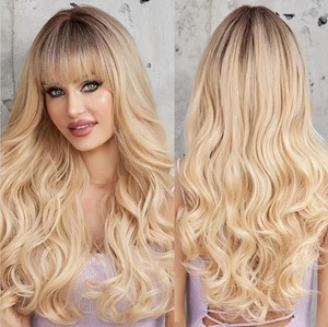 Light BLONDE Human HAIR Blend Multicolor Wavy Curly bangs layers - Picture 1 of 6