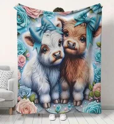Cozy Highland Cow Cattle Print Throw Blanket - All-season Soft Flannel Blanket - Image 1 of 4