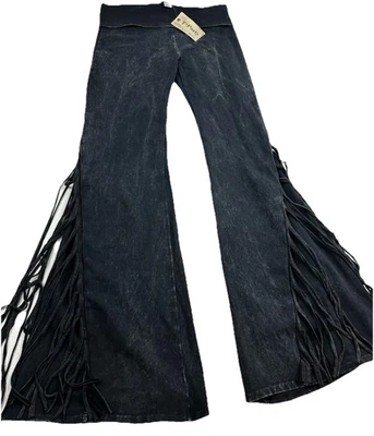 T-PARTY Flared Acid Wash Yoga Pant With Fringe Black - Image 1 of 4