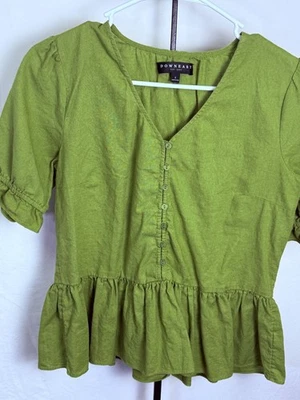 Top Downeast Verde Mezcla Lino Peplum Botón Frontal Volantes Manga Pequeño Foto 1 de 4