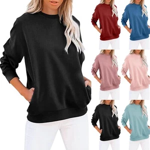 Women Crew Neck Solid Sweatshirt Tops Long Sleeves Casual Pullover with Pockets - Picture 1 of 42