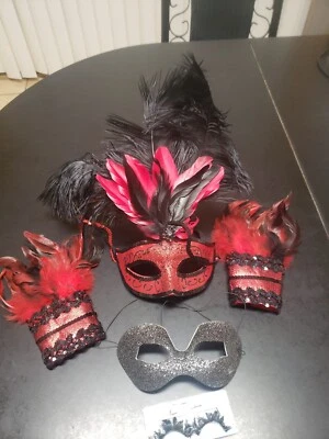 Mardi Gras Eyemasks Pair Costume w/ Cuffs and Eyelashes Red Rouge Feathers Cuffs - Image 1 of 4