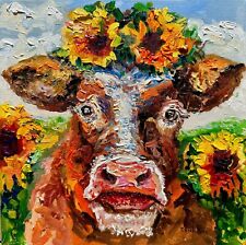 Oil painting ORIGINAL art Cow artwork pet Farm animal Sunflower field 8x8”