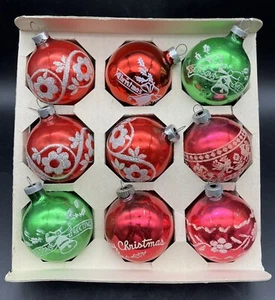 9 VTG Mercury Glass Ornaments in Holly Box 2 1/4" Glitter Retro American Made - Picture 1 of 4