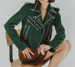 Free People Understated Leather Forest Green Suede Studded RUNAWAY Jacket NEW S - Picture 1 of 24
