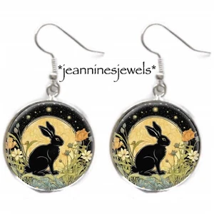 Full Moon Rabbit EARRINGS William Morris Art Nouveau Print Silver Charm Dangle - Picture 1 of 13