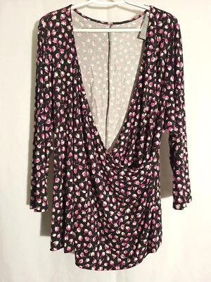 Lane Bryant-NWT-Black Pink White Floral Long Sleeve Crossover Knit Top-22/24 - Image 1 of 4