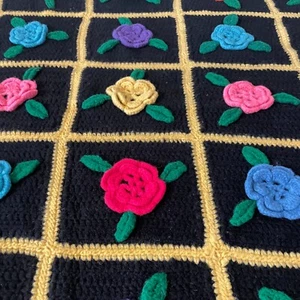 Handmade Crochet Afghan Lap Blanket Black 3D Multicolor Rosettes Granny Squares - Picture 1 of 14