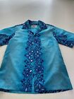Vtg Hilo Hattie Hawaii Bright Blue Tribal Short Sleeve Button Up Shirt Medium