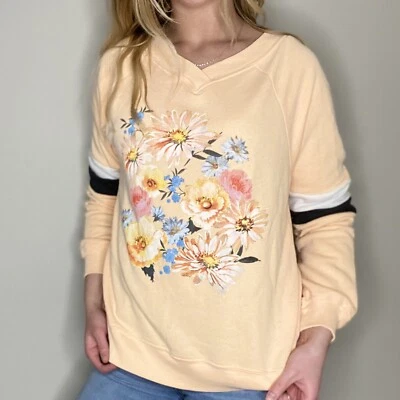 WILDFOX S Peach Floral Sweater Vneck Stripped Sleeve - Image 1 of 4