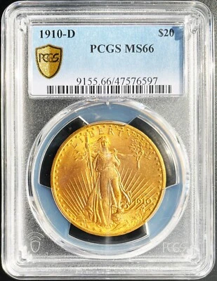Águila doble Saint Gaudens de oro de $20 1910-D, clasificación PCGS MS66 - ¡Lustrosa! Foto 1 de 2