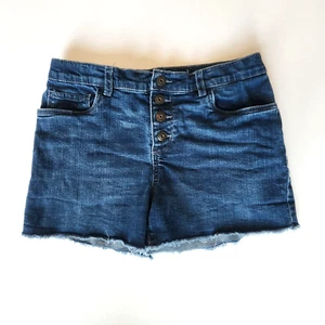 Oshkosh Girls Sz 12 Button Fly Front Denim Jean Shorts Dark Frayed Adjustable - Picture 1 of 9