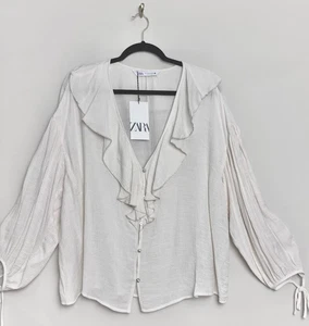 Zara Womens Top Size XL Ruffle Button Cream 3/4 Sleeve Peasant Blouse Shirt - Picture 1 of 5