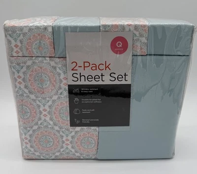JCPenney 2-Pack Microfiber Sheet Set Queen Size Aqua Pastel Solid & Print NEW - Image 1 of 4
