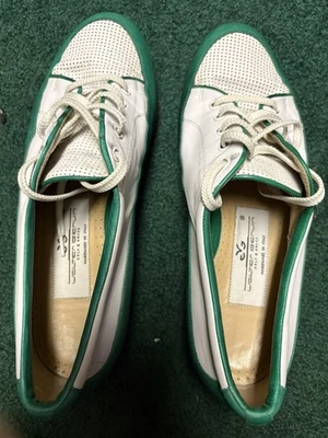 Sapatos de golfe femininos vintage Walter genuínos 9 couro verde/branco feitos à mão Itália - Imagem 1 de 4