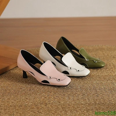 Sandálias femininas salto médio gatinho sapatos recortados couro data verão festa casual - Imagem 1 de 4