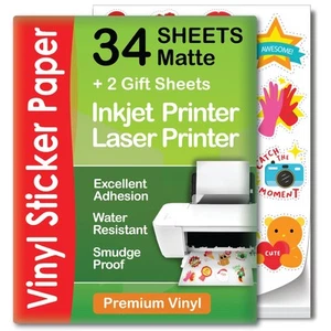 Printable Vinyl Sticker Paper for Inkjet & Laser - 34 Matte Sheets Waterproof - Picture 1 of 9