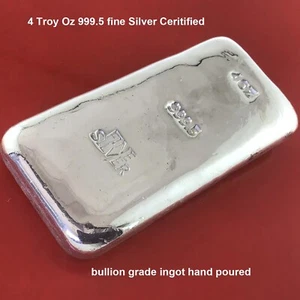 Lingote de plata de grado fino de 4 OZ 999,5 calidad inversor barra vertida a mano - Imagen 1 de 3