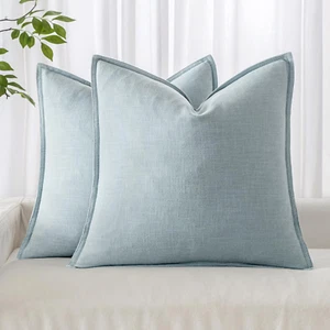 Pack of 2 Decorative Linen Pillow Covers 18X18 Inch Sky Blue Farmhouse Soild Neu - Picture 1 of 12