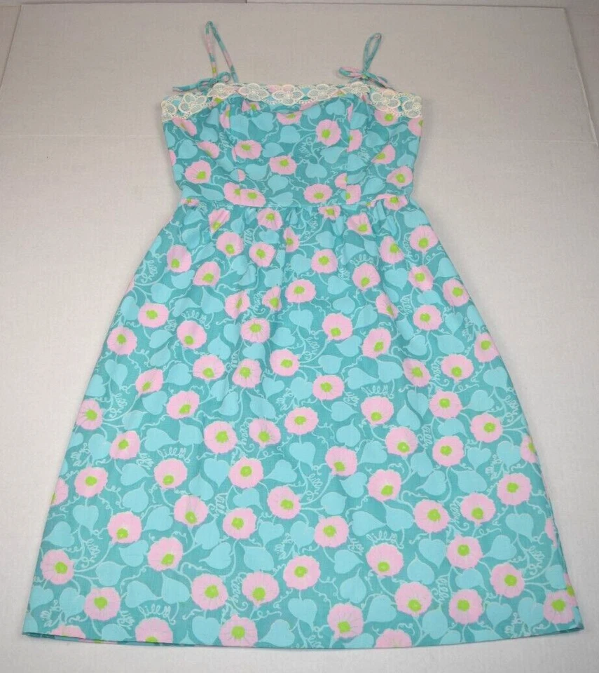 Lilly Pulitzer Dress VTG Size XS/S 60s Aqua Blue Sundress Pink Flower Lilly Lace - Image 1 of 4