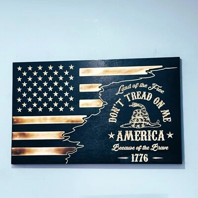 Don't Tread on Me Snake Wooden Wood American Flag USA Patriotic Gadsen 14" x24" - Image 1 of 4