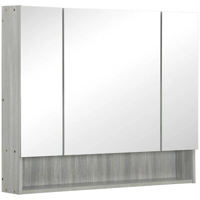 kleankin Bathroom Cabinet Wall Mounted Mirror Storage Adjustable Shelves Grey - Image 1 of 4