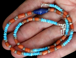 Necklace With Antique Red Coral, Lapis Lazuli, Turquoise & 925 Silver Beads - Picture 1 of 4