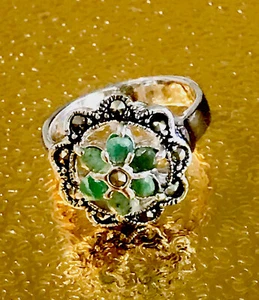 NEW REAL EMERALD-MARCASITE STERLING SILVER RHODIUM PLATED RING SIZE 8/TCW 32 - Picture 1 of 4