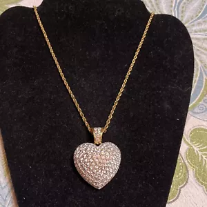 34” Swarovski Swan Pave Crystal Gold Tone Puffy Heart Necklace VTG Retired - Picture 1 of 6