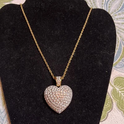 34” Swarovski Swan Pave Crystal Gold Tone Puffy Heart Necklace VTG Retired - Image 1 of 4