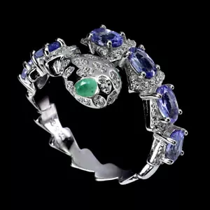 Estate 925 Anello Argento Ovale Tanzanite Smeraldo Naturale Gemma Cobra Gioielli - Foto 1 di 13