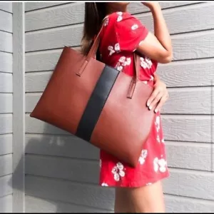 VINCE CAMUTO Luck Tragetasche - große rote Wüstenbraun + schwarz veganes Leder NEU! $ 128 - Bild 1 von 9