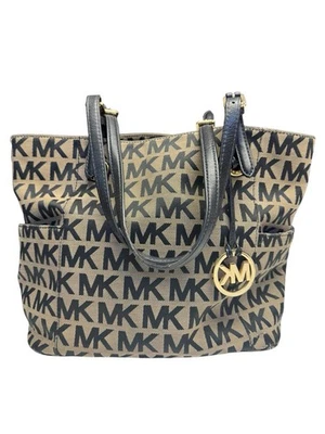 Michael Kors Jet Set Tote Large Shoulder Bag Brown Black MK Logo Canvas Gold - Image 1 of 4