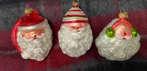 Dept. 56 Trio of Santa Heads Blown Mercury Glass Christmas Ornaments Funny Hats - Picture 1 of 5