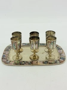 Vintage 7 Piece Alpaca Mexico Silver and Abalone Cordial Set 6 Goblets & Tray - Picture 1 of 24